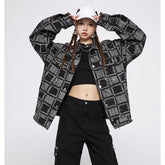 Unisex Jacket Vintage Plaid Denim Jacket for Men and Women Baggy Coat